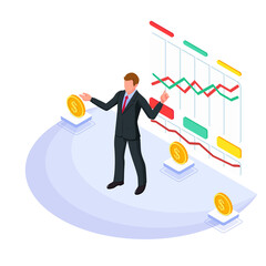 Businessman with presenting a growing chart. Man with infographic chart. Isometric business illustration. Vector