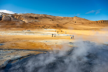 Fumarole field in Hverir geothermal zone Iceland. Famous tourist attraction. Beauty world