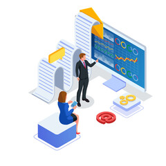 Man explain about infographic to his team. Group of people discuss about business development. Isometric business marketing strategy illustration. Vector