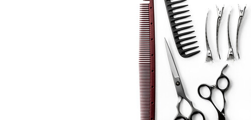 Combs, scissors and hairpins lie horizontally on a white background. Hairdresser's tool. Place for advertising.