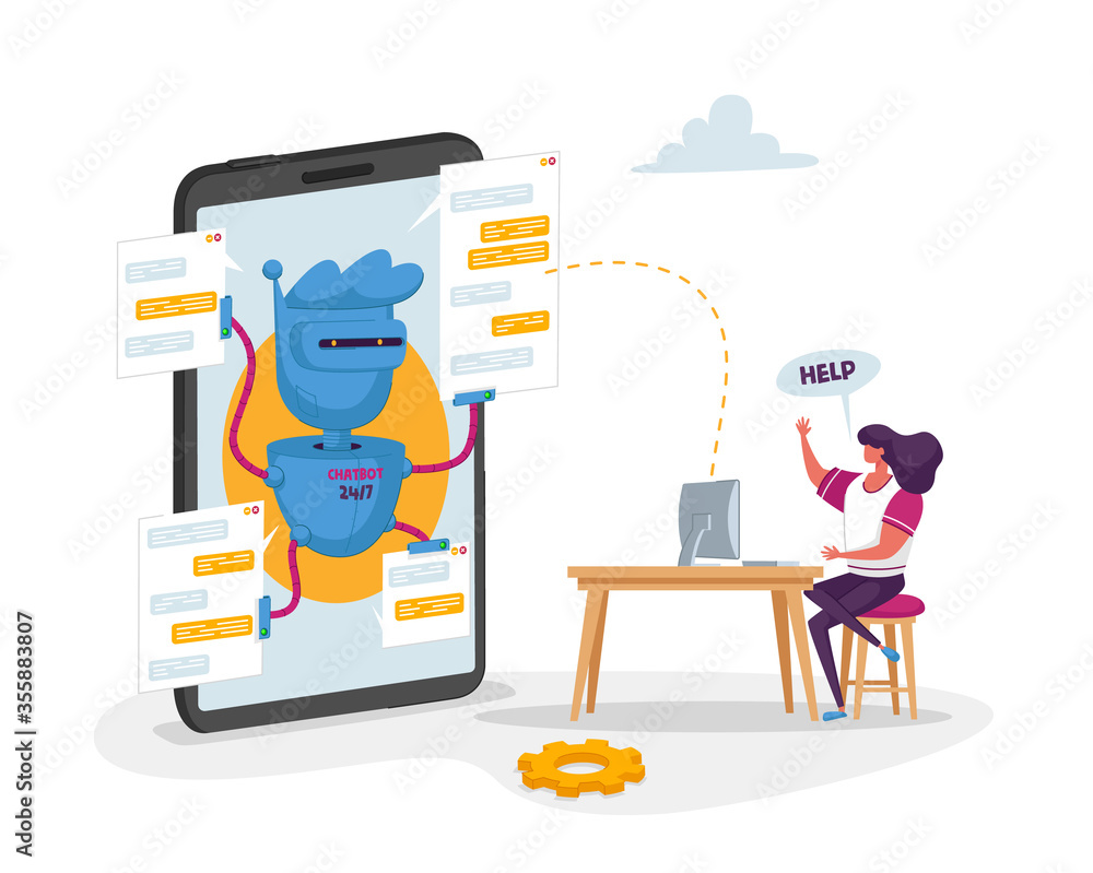 Poster chatbot robot on huge cellphone ready to help customer character with laptop. ai faq support, online