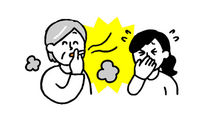 タバコを吸うシニア女性と煙たがる女性（シンプル）