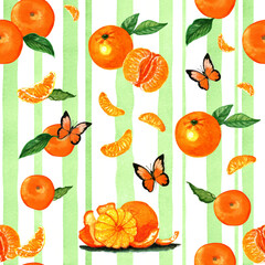 Seamless  watercolor pattern  butterflies and tangerines
