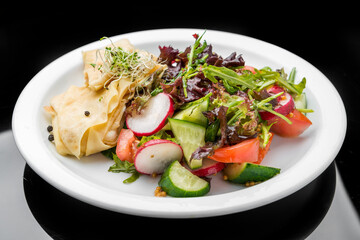 Savoury Buckwheat Pancakes with Cherry Tomatoes, Rocket Salad, Spinach, Parma Ham,