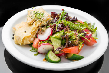 Savoury Buckwheat Pancakes with Cherry Tomatoes, Rocket Salad, Spinach, Parma Ham,