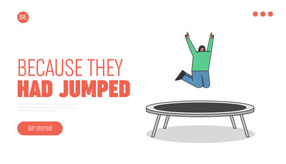Landing page with girl jumping on trampoline. Young female cartoon character has fun on trampoline