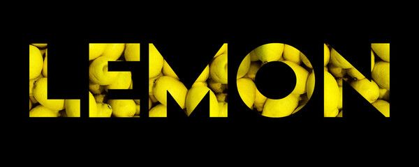 The inscription LEMON with lemons inside the letters. Abstract yellow lemon symbol isolated on black background.