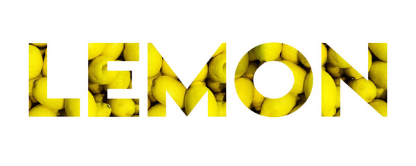 The yellow inscription "lemon" with lemons. Abstract lemon symbol isolated on white background.