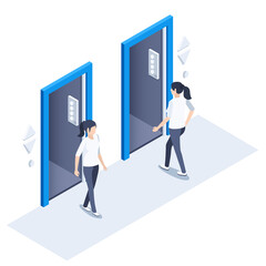 Isometric vector image on a white background, a woman enters the elevator and another goes, an elevator in the office