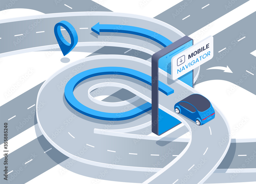Poster isometric vector image on a white background, road junction passing through the screen of a smartpho