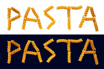 Inscription pasta on a white background. Text collected from spiral pasta.