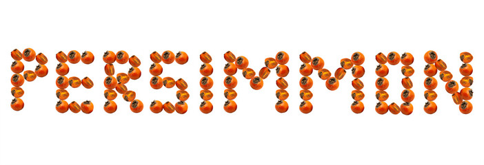 The inscription PERSIMMON with orange persimmons on white background.