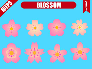 Peach blossoms icons set with blue background.