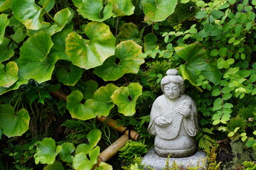 Female god stone sculpture surrounded by green plants at Hasedera Temple in Kamakura Japan.Hasedera temple is sightseeing spot which is popular for beautiful hydrangeas in June.