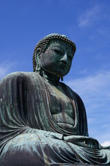Fototapeta premium The Great Buddha of Kamakura is an outdoor bronze statue of Amida Buddha under blue sky located on the grounds of Kotoku-in Temple in Kanagawa Prefecture Japan. Kamakura Daibutsu Statue.