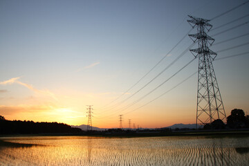 水田と夕焼け　栃木県芳賀郡芳賀町