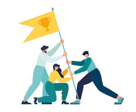 Vector Illustration, Teamwork, Goal Achievement, Flag As A Symbol Of Success And Heights