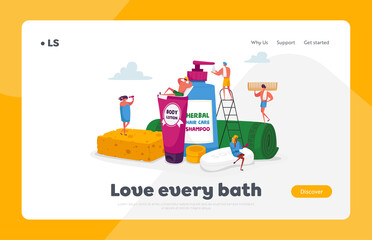 People in Bathroom Landing Page Template. Tiny Characters Washing and Taking Bath among Huge Cosmetics Bottles Soap Shampoo Sponge and other Tools. Spa Hygiene Procedure. Cartoon Vector Illustration
