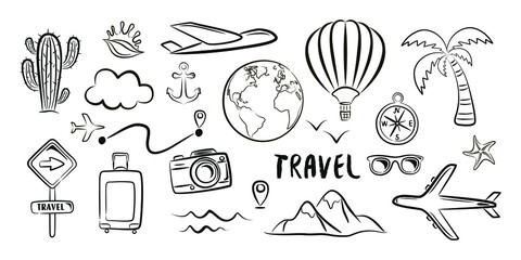 Concept black set of doodle travel icons and elements on a white background. Isolated drawing vector illustration. © yura batiushyn