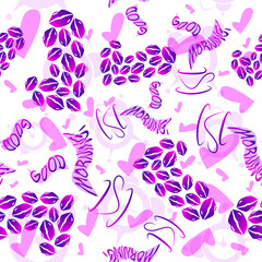 Seamless pattern. Good morning wake up cup of coffee with pink hearts and kisses. Vector illustration.