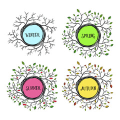 Frame design of a wreath of tree branches on the theme of the seasons. All vector elements are isolated and editable. Design of invitations, cards, etc.