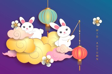 Mid autumn festival / Chinese festival with rabbits, cloud, lantern and flowers on blue paper. Vector illustration