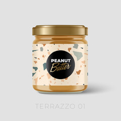 Premium Peanut Butter glass container with Terrazzo pattern on label isolated on light grey background : Vector Illustration