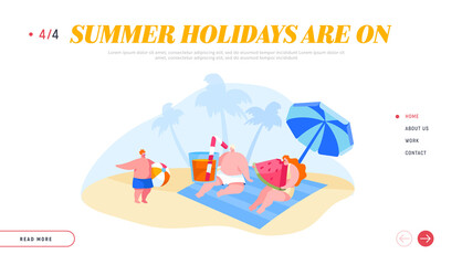 Family Characters Relaxing on Beach Landing Page Template. Mother Eat Watermelon, Father Drink Juice, Little Boy Hold Ball. People Spend Summer Vacation on Tropical Resort. Cartoon Vector Illustration