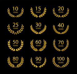 Set of anniversary laurel wreaths. Gold anniversary symbols isolated on black background. 10, 15, 20, 25, 30,40,50,60,70,80,90, 100 years. Template for award and congratulation design. Vector illustra