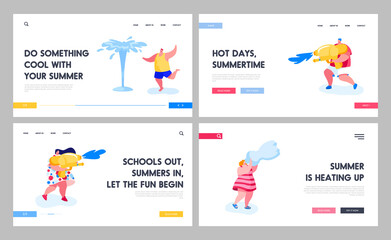 People Splashing and Playing with Water in Hot Summer Time Season Weather. Landing Page Template Set. Characters Drinking Aqua, Shooting with Toy Water Guns, Washing Face. Cartoon Vector Illustration