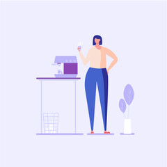 Woman standing at desk with coffee machine and drinking coffee. Coffee break and lunch time in office. Concept of work break, rest, corporate lifestyle, workplace for web or mobile app