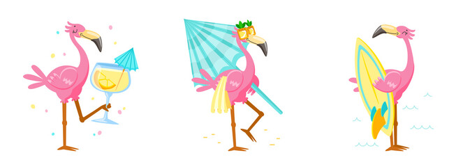 Set Cute Pink Flamingo Drink Cocktail, Carry Umbrella and Surf Board. Cartoon Character Summer Vacation. Kawaii Personage Summertime Activity and Spare Time. T-shirt Print, Label. Vector Illustration - 355887407
