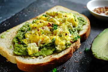 Avocado scrambled egg toast on sourdough bread, selective focus