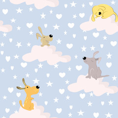 Vector illustration with cute hand drawn dog and sky. Seamless pattern for kids.