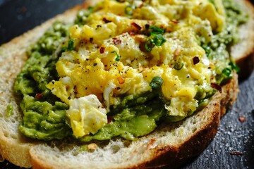 Avocado scrambled egg toast on sourdough bread, selective focus