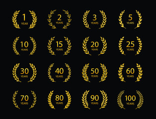 Set of anniversary laurel wreaths. Golden anniversary symbols on black background. 1,2,3,5,10,15,20,25, 30,40,50,60,70,80,90,100 years.Template for award and congratulation design Vector illustration
