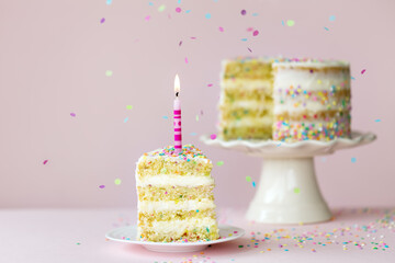 Funfetti birthday cake with a single slice