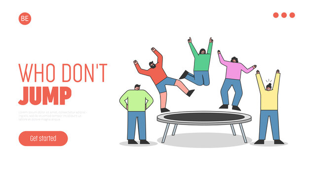 Landing page with people jumping on trampoline. Young cartoon characters having fun on trampoline
