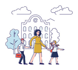 Mother walking son and daughter to school. Two kids holding mom hand going to classes