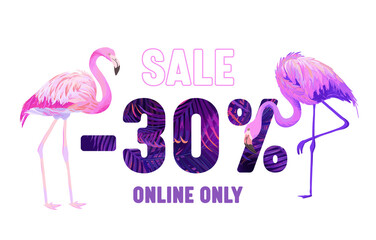 Summer Sale Banner with Pink Flamingo and Violet Typography with Palm Trees Ornament and Botanical Elements. Tropical Leaves Pattern, Online Only Promo Advertising Poster. Vector Illustration