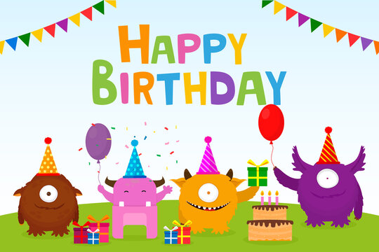 Happy Birthday Card Design With Cute Monsters. Vector Illustration. Flat Design.