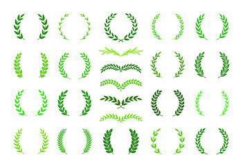 Set of green silhouette laurel foliate, olive  and wheat wreaths depicting an award, achievement, heraldry, nobility, decoration, emblem. Vector illustration.