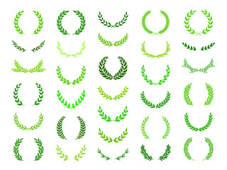 Set of green silhouette laurel foliate, oak, olive  and wheat wreaths depicting an award, achievement, heraldry, nobility, decoration, emblem. Vector illustration.