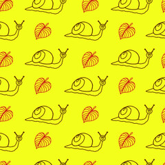 Snail and leaves vector illustration. Seamless pattern.