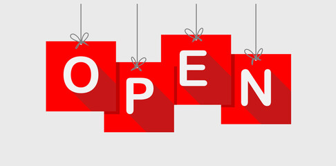 Open sign of red poster hanging, 
open text with shadow or 3d style, vector illustration