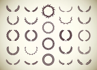 Set of different vintage silhouette laurel foliate, olive and wheat wreaths depicting an award, achievement, heraldry, nobility, emblem. Vector illustration.