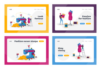 Fototapeta na wymiar Tailor Textile Craft Business Landing Page Template Set. Creative Atelier, Dressmakers Characters Create Apparel on Sewing Machine, Assistant Working with Mannequin. Cartoon People Vector Illustration