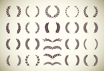 Set of different vintage silhouette laurel foliate, olive, oak and wheat wreaths depicting an award, achievement, heraldry, nobility, emblem. Vector illustration.