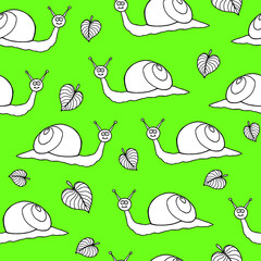 Snail and leaves vector illustration. Seamless pattern.