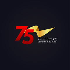 75 Years Anniversary Celebration Elegant Gold Ribbon Vector Template Design Illustration